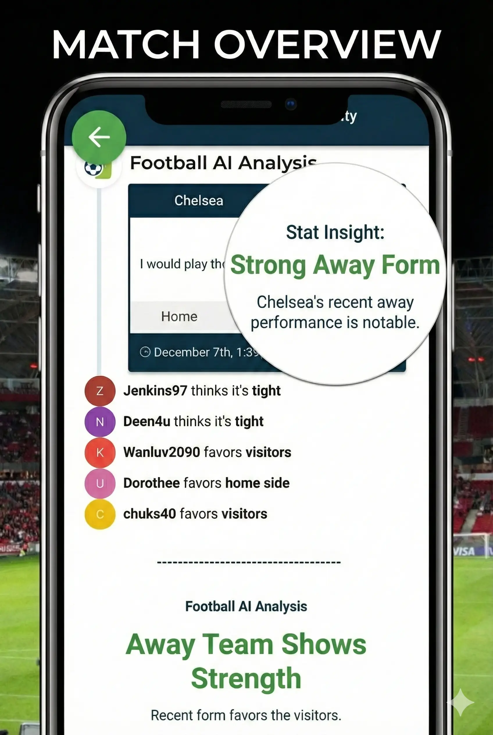 Football AI app screen: match overview